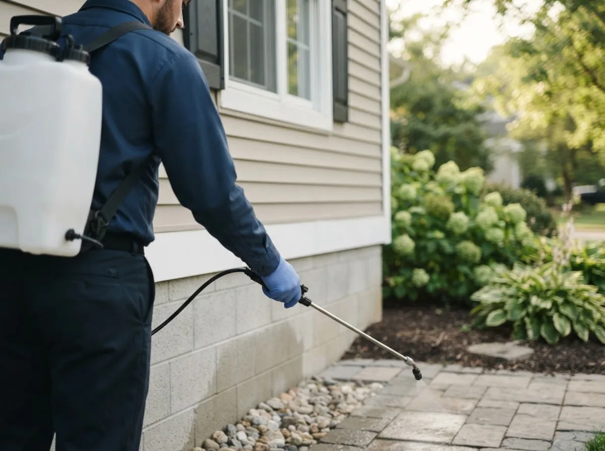 Pest control technician inspecting a home in Siasconset, MA